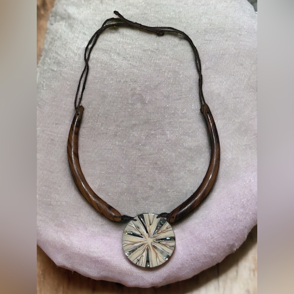 Abalone Inlaid Wood Statement Necklace